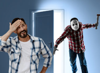 Man Relieved Axe Wielding Maniac Looming in Doorway is Wearing Mask