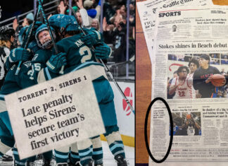 Seattle’s New Women’s Hockey Team Wins First Game, Speck on Seattle Times Sports Page