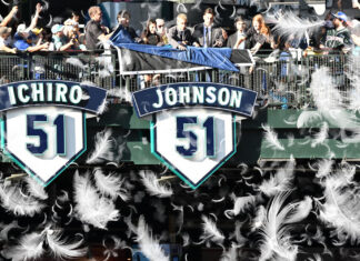 Confetti at Randy Johnson Number Retirement Unveiling Just Feathers